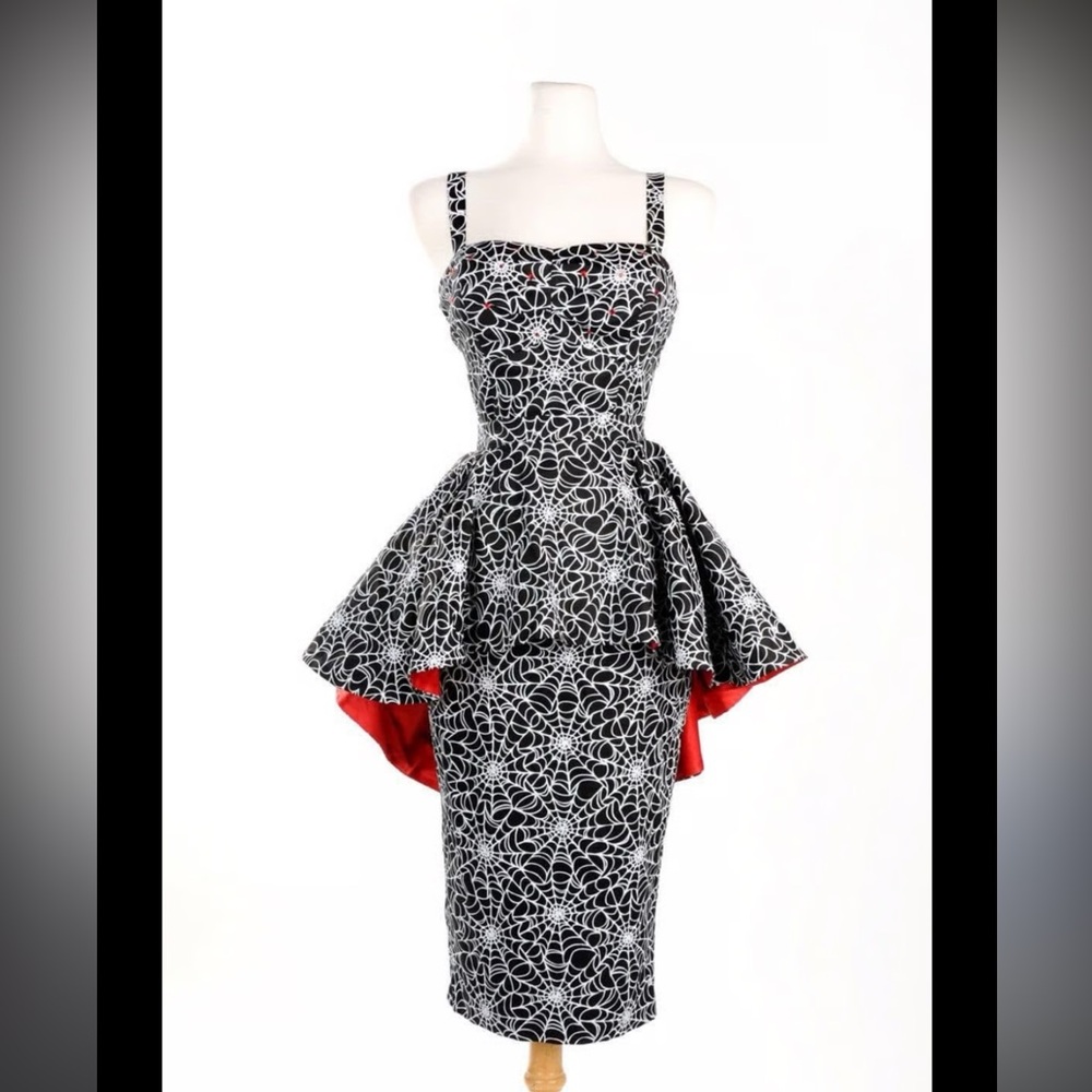 Deadly Dames Black and White Spiderweb Peplum dress Medium